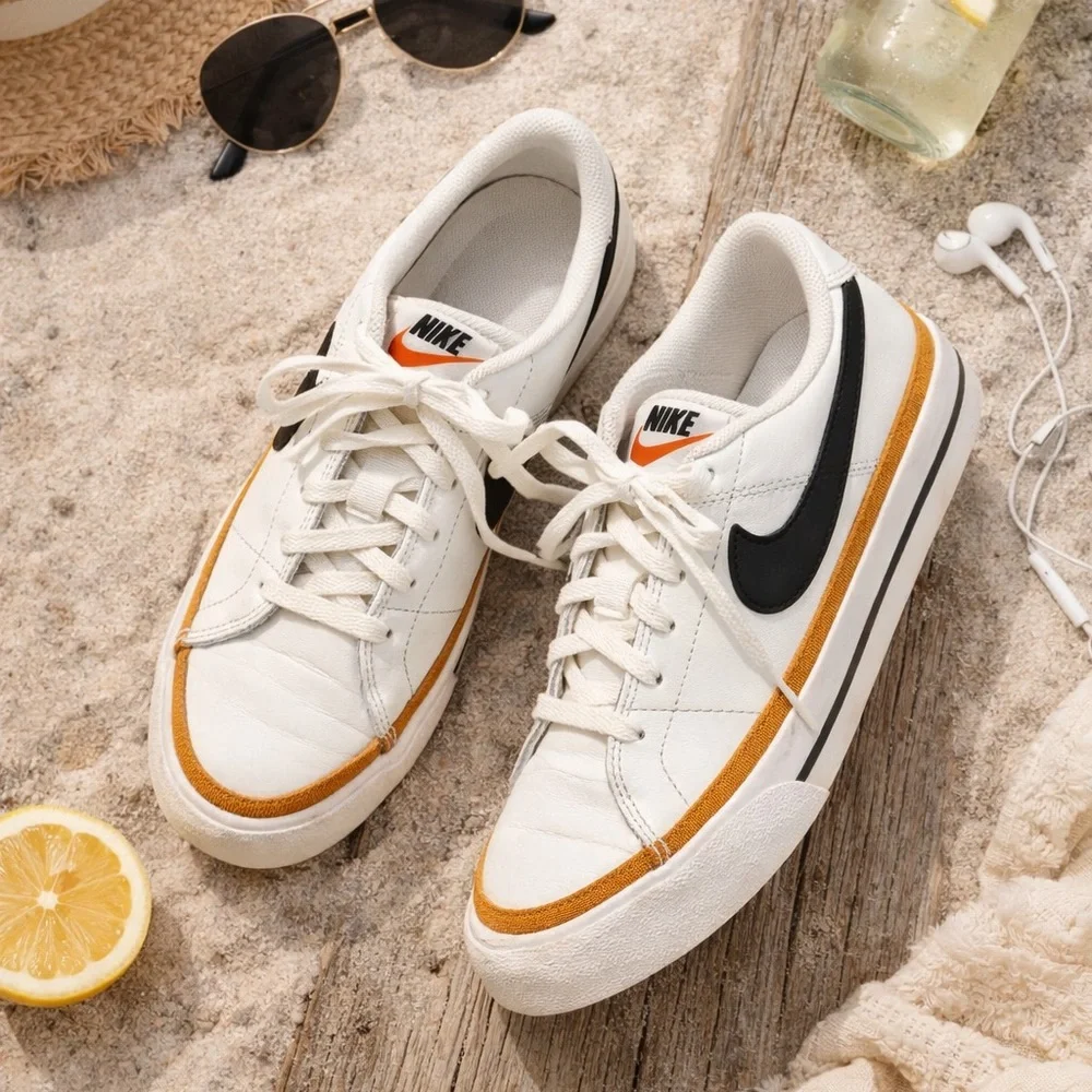 Nike Court Legacy White Leather Sneakers with Black Swoosh & Tan Accents